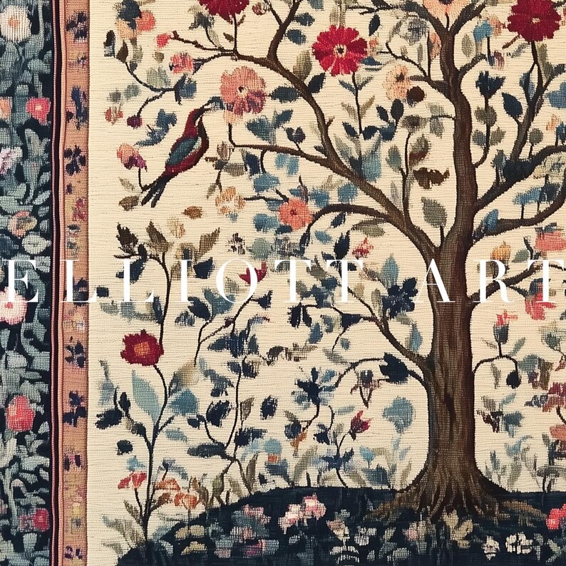 May include: A detailed tapestry featuring a tree with a brown trunk and branches, adorned with red, pink, and blue flowers and foliage. A bird is perched on a branch. The text "ELLIOTT ART" is visible.