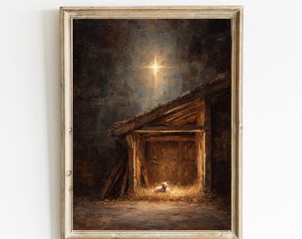 Christmas Nativity Manger Print | Christmas Manger Wall Decor | Nativity Wall Art | Christian Printable | Baby Jesus Manger Painting | E1187