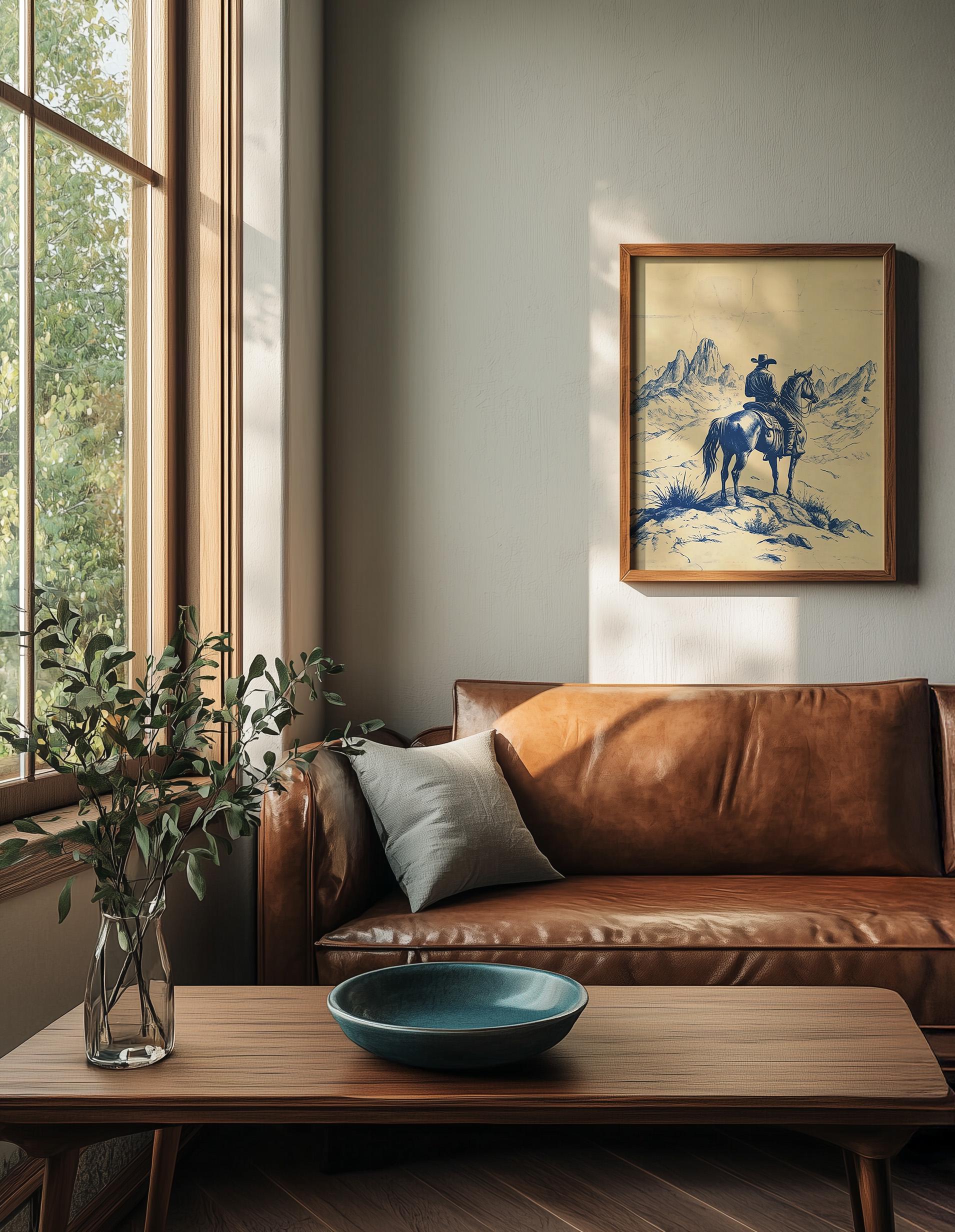 Western Chinoiserie Art Print | Blue Cowboy Wall Decor | Vintage Horse ...