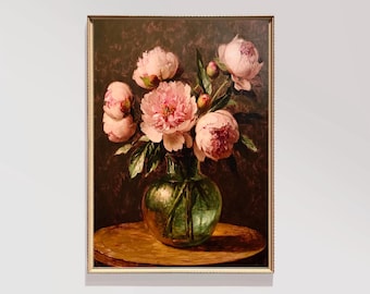 Weinlese-rosa Pfingstrosen | Vintage Ölgemälde | Stimmungsvolles Stillleben Pfingstrosen | Blumen Print | Dunkle Blumenwandkunst | DRUCKBAR | E194
