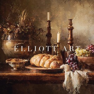 May include: A still life painting featuring a loaf of bread, grapes, and candles. The artwork includes a copper pot with dried plants, a small bowl, and wooden candle holders. The text "ELLIOTT ART" is visible.