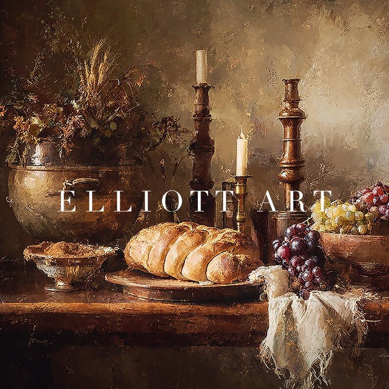 May include: A still life painting featuring a loaf of bread, grapes, and candles. The artwork includes a copper pot with dried plants, a small bowl, and wooden candle holders. The text "ELLIOTT ART" is visible.
