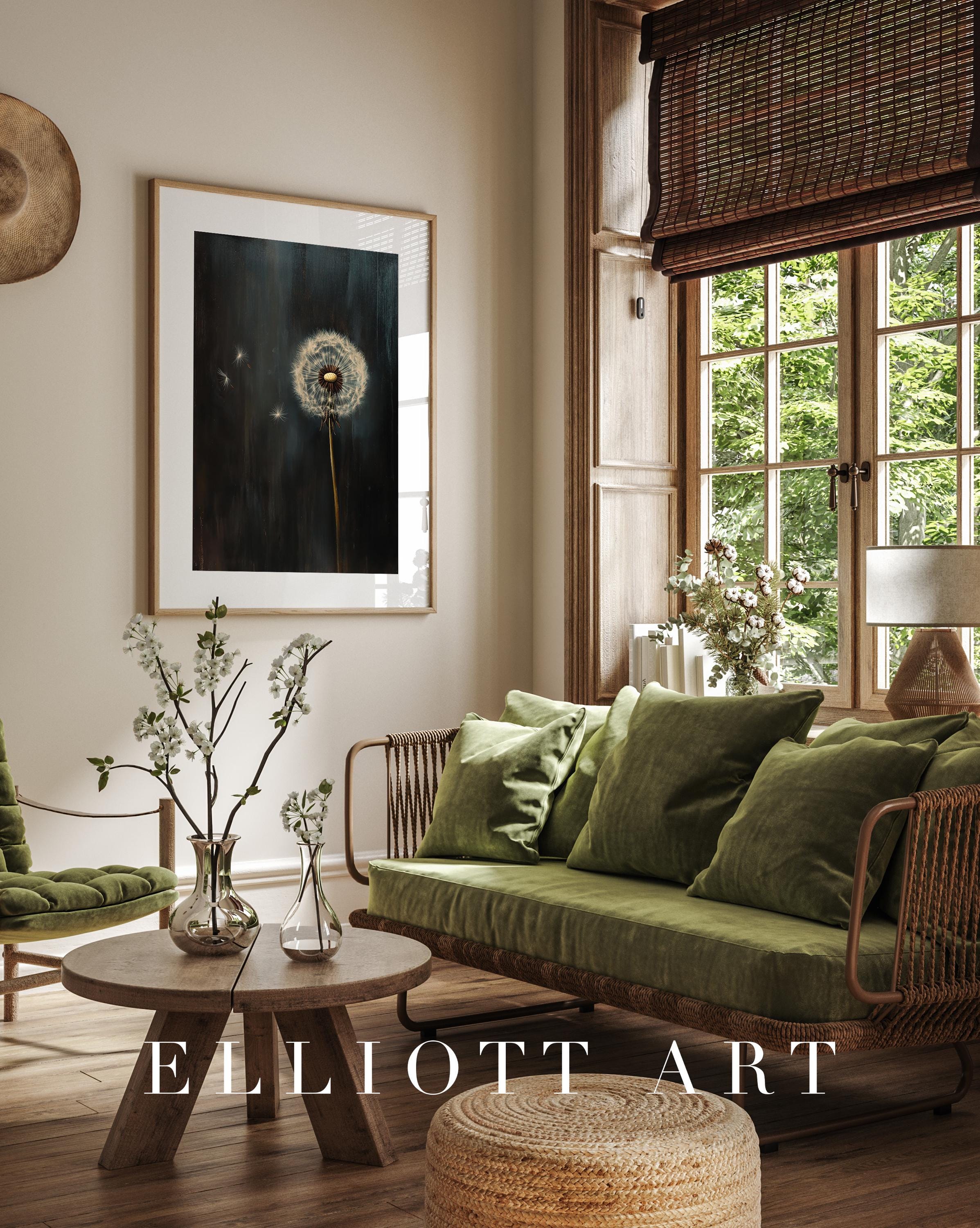 Moody Dandelion Painting | Vintage Print | Moody Wall Art | Dark ...