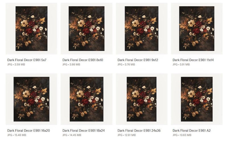 K&ouml;nnte beinhalten: Eine Sammlung dunkler Blumendekor-Drucke in verschiedenen Gr&ouml;&szlig;en, darunter 5x7, 8x10, 9x12, 11x14, 16x20, 18x24, 24x36 und A2. Jeder Druck zeigt ein detailliertes Arrangement von Blumen in Rot-, Creme- und Goldt&ouml;nen vor dunklem Hintergrund.