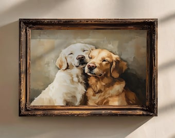 Two Golden Retrievers | Muted Cottagecore Wall Art | Neutral Dog Print | Vintage Style Print |  Farmhouse Download Digital |PRINTABLE | E364