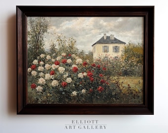 Pintura de jardín de rosas / Paisaje campestre / Arte mural / Escena de verano / Impresión de paisaje / IMPRIMIBLE / Arte digital / E22