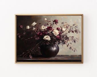 Antikes Burgunderrote Stilleben | Stimmungsvolles Vintage Gemälde | Bauernhaus Blumen Wand Kunst | Digitaler Download | Modernes Bauernhaus | DRUCKBAR | E151