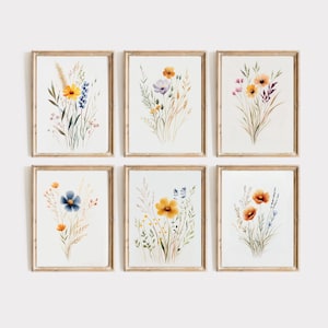 SET of Six Watercolor Wildflowers | Neutral Wall Decor | Minimalistic Wall Art | Botanical Wall Art Prints | Nursery Art | Farmhouse | E257