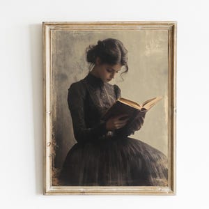 Woman Reading Vintage Print | Vintage Library Painting | Book Lover Vintage Wall Art | Dark Academia | Victorian Woman Art| PRINT | E409