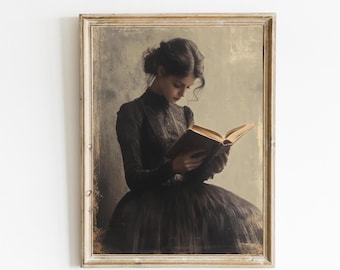 Woman Reading Vintage Print | Vintage Library Painting | Book Lover Vintage Wall Art | Dark Academia | Victorian Woman Art| PRINT | E409