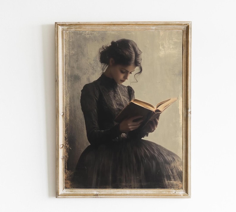 Woman Reading Vintage Print | Vintage Library Painting | Book Lover Vintage Wall Art | Dark Academia | Victorian Woman Art| PRINT | E409 image 1