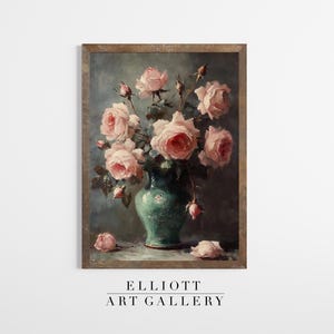 May include: A painting of a bouquet of pink roses in a green vase. The roses are arranged in a loose, natural style, and the vase is decorated with a floral pattern. The background is a soft, muted green.