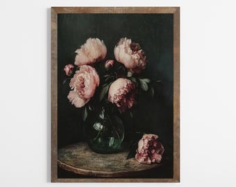 Mörk blommig vintagemotiv | Stämningsfullt blomtryck | Stilleben med mörka blommor | Nedladdningsbar vintagekonst | Vintage oljemålning | UTSKRIVBAR | E542