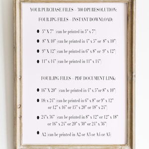 May include: A white framed image with black text listing the different sizes of digital files available for purchase. The text reads "Your Purchase Files ~ 300 DPI Resolution: Four JPG Files ~ Instant Download: 5" x 7" (can be printed in 5" x 7") 8" x 10" (can be printed in 4" x 5" or 8" x 10") 9" x 12" (can be printed in 6" x 8" or 9" x 12") 11" x 14" (can be printed in 11" x 14") Four JPG Files ~ PDF Document Link: 16" x 20" (can be printed in 4" x 5"or 8" x 10") 18: x 24" (can be printed in 6" x 8" or 9" x 12" or 12" x 16" or 15" x 20" or 18" x 24") 24"x 36" (can be printed in 8" x 12" or 12" x 18" or 16" x 24" or 20" x 30" or 24" x 36") A2 (can be printed in A2 or A3 or A4 or A5)"