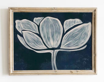 May include: A white stylized flower with a blue background. The flower is drawn with fine lines and has a delicate appearance. The background is a deep blue color with a textured look.