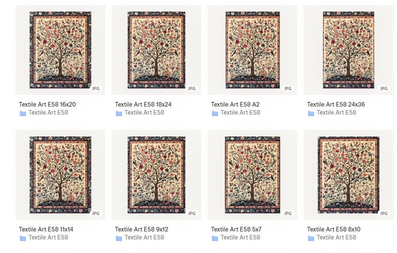 May include: A collection of framed textile art prints featuring a tree design with birds and fruit. The prints are in various sizes, including 16x20 inches, 18x24 inches, 11x14 inches, 9x12 inches, 5x7 inches, 24x36 inches, 8x10 inches, and A2.
