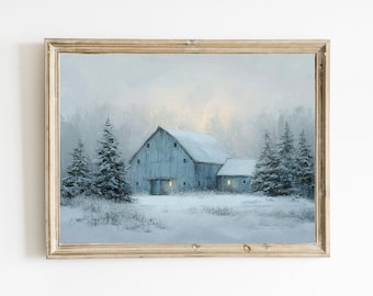 Rustic Winter Barn | Christmas Farmhouse Print | Snowy Landscape | Christmas Tree with Lights| Holiday Wall Decor | E1233