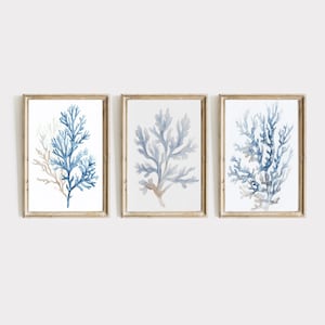 Blue Coral SET of Three | Minimalist Coastal Print Set | Beach House Wall Art | Watercolor Nautical Decor | Modern Print | PRINTABLE | E785