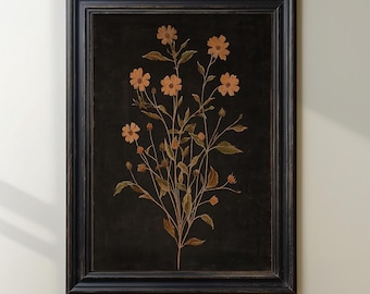 Sfeervolle botanische print | Wilde bloemenprint | Donker bloemen | Vintage botanisch | Zwart met bloemen | Moderne boerderijmuurkunst | Digitale afdruk | E329