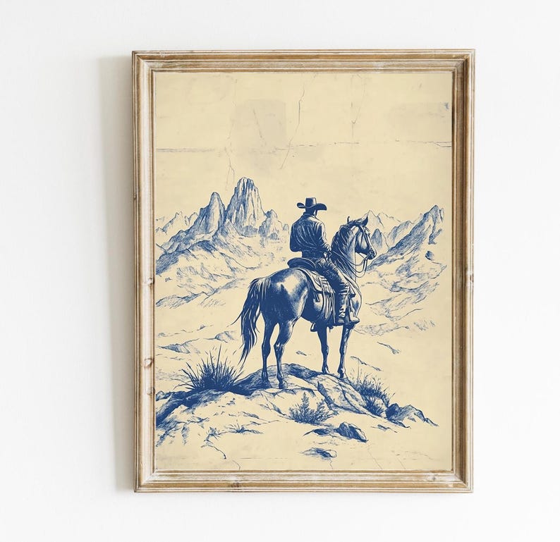 Western Chinoiserie Art Print | Blue Cowboy Wall Decor | Vintage Horse ...