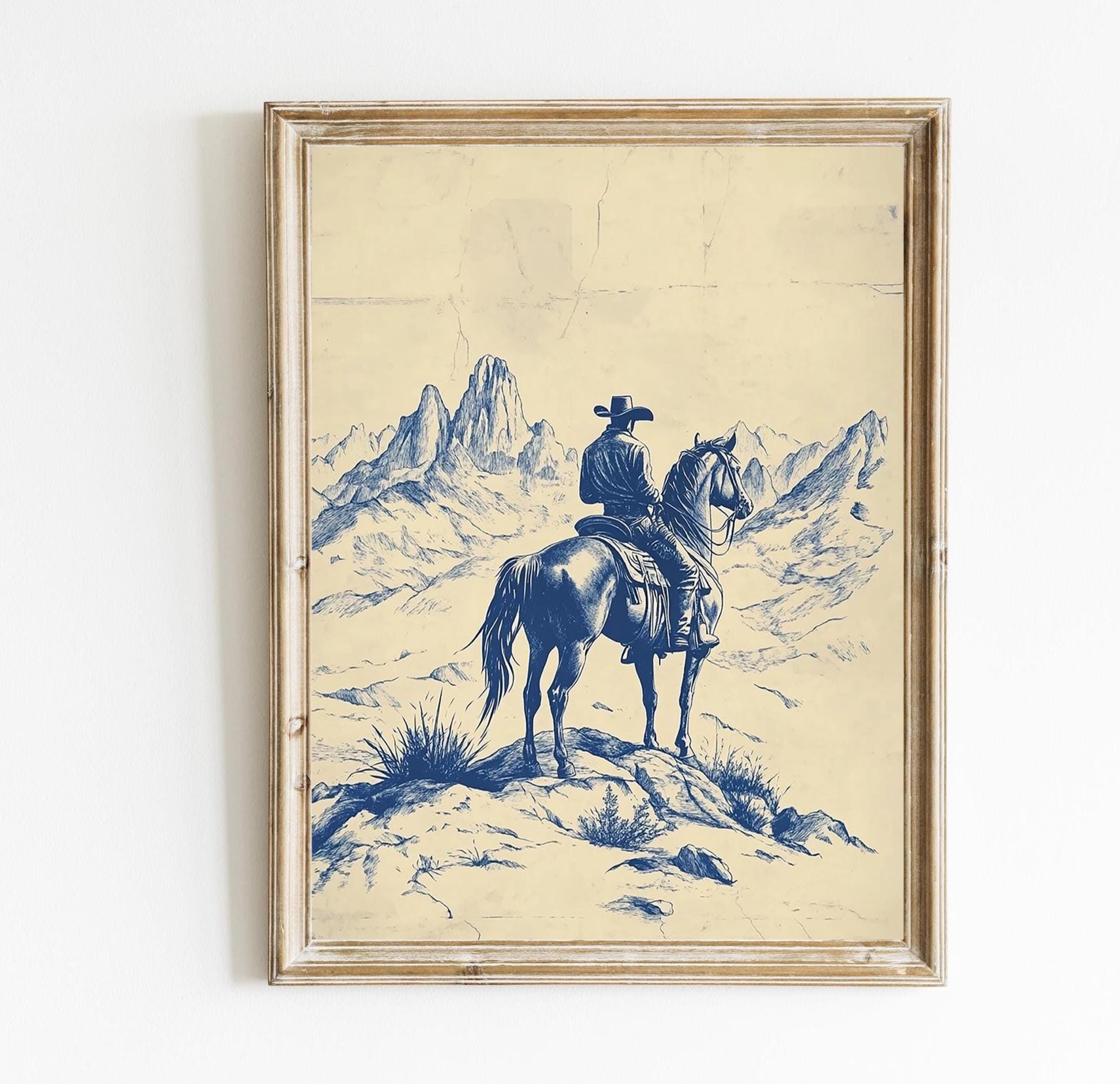 Western Chinoiserie Art Print | Blue Cowboy Wall Decor | Vintage Horse ...