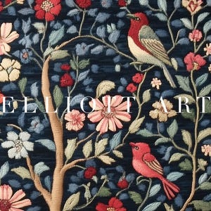May include: A detailed textile featuring a floral and bird design. The artwork showcases a dark blue background with embroidered flowers in shades of red, pink, and cream, along with green leaves and two red birds. The text "ELLIOTT ART" is visible.