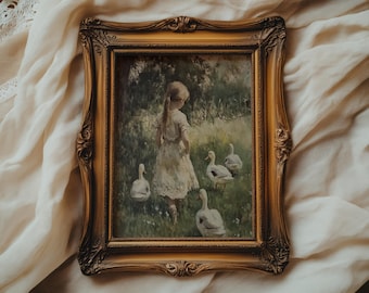 Gooseberry Morning | Muted Farmhouse Art | Neutral Print |  Cottagecore Decor | Girl with Geese | Farmhouse Art Download | PRINTABLE | E368