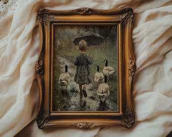 Rainy Gooseberry Morning | Muted Farmhouse Art | Neutral Print |  Cottagecore Decor | Child with Geese | Farmhouse  PRINTABLE | E1009