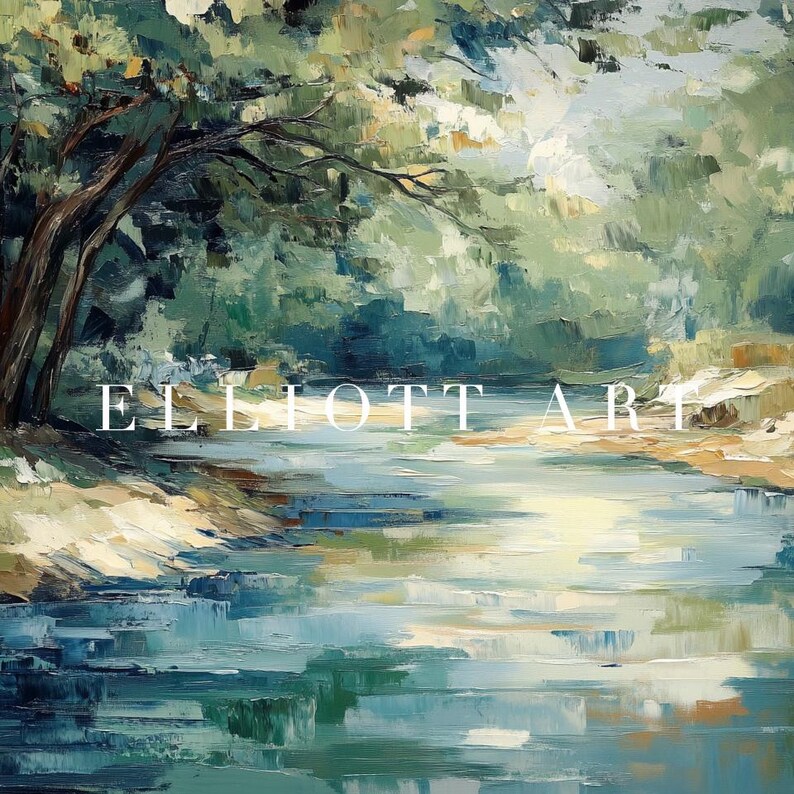 K&ouml;nnte beinhalten: Ein Gem&auml;lde, das einen Fluss zeigt, der durch einen &uuml;ppigen gr&uuml;nen Wald flie&szlig;t. Das Wasser ist hellblau und die B&auml;ume sind tiefgr&uuml;n. Das Gem&auml;lde ist in einem lockeren, impressionistischen Stil gehalten.