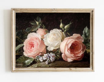 Estampa Floral Vintage | Natureza Morta Vintage Melancólica | Pintura Botânica Dark Academia | IMPRIMÍVEL | Natureza Morta Floral com Rosas Cor-de-Rosa | E487