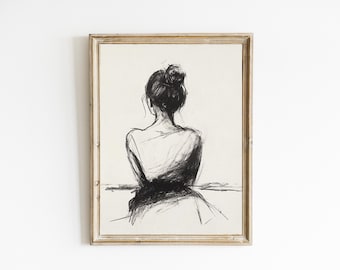Vintage Sketch of a Woman | Line Drawing | Neutral Farmhouse Wall Decor | Contemporary Modern Neutral Art | PRINTABLE | Downloadable | E921