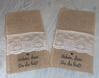 2 Bestecktaschen Besteckbeutel aus Jute mit Spitze  - Vintage Tischdeko für Hochzeit und Party, Naturmaterial  umweltfreundlich