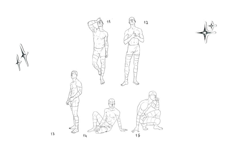 May include: Line drawing of five figures in different poses. The figures are all wearing shorts and have a similar body type. The figures are numbered 11 through 15.
