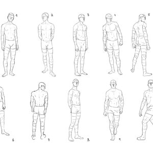May include: A series of ten black and white line drawings of a male figure in various poses. The figures are numbered 1 through 10.