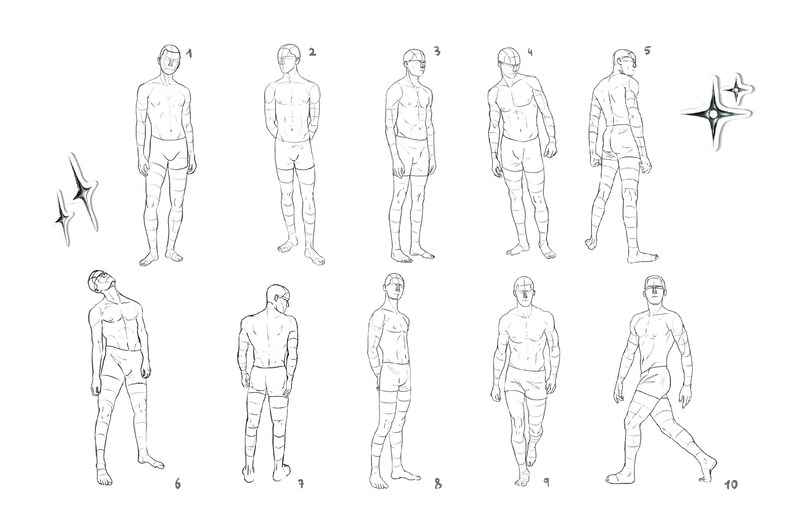May include: A series of ten black and white line drawings of a male figure in various poses. The figures are numbered 1 through 10.