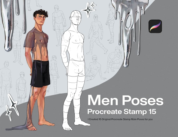 Procreate Men Poses Stamp | 15 different pose stamp model | guide to drawing realistic male bodies