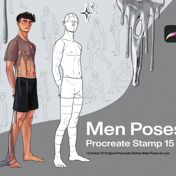 Tampon Procreate Men Poses | 15 modèles de timbres différents | Guide pour dessiner des corps masculins réalistes