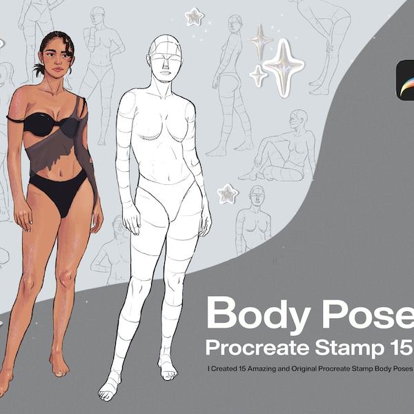 Procreate Body Poses Stamp | 15 different pose stamp model | guide to drawing realistic female bodies