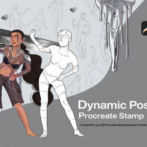 May include: A digital illustration of a woman holding a sword, with a white outline of a female figure in a dynamic pose. The text "Dynamic Pose Procreate Stamp" is displayed below the image.  The image is set against a gray background.