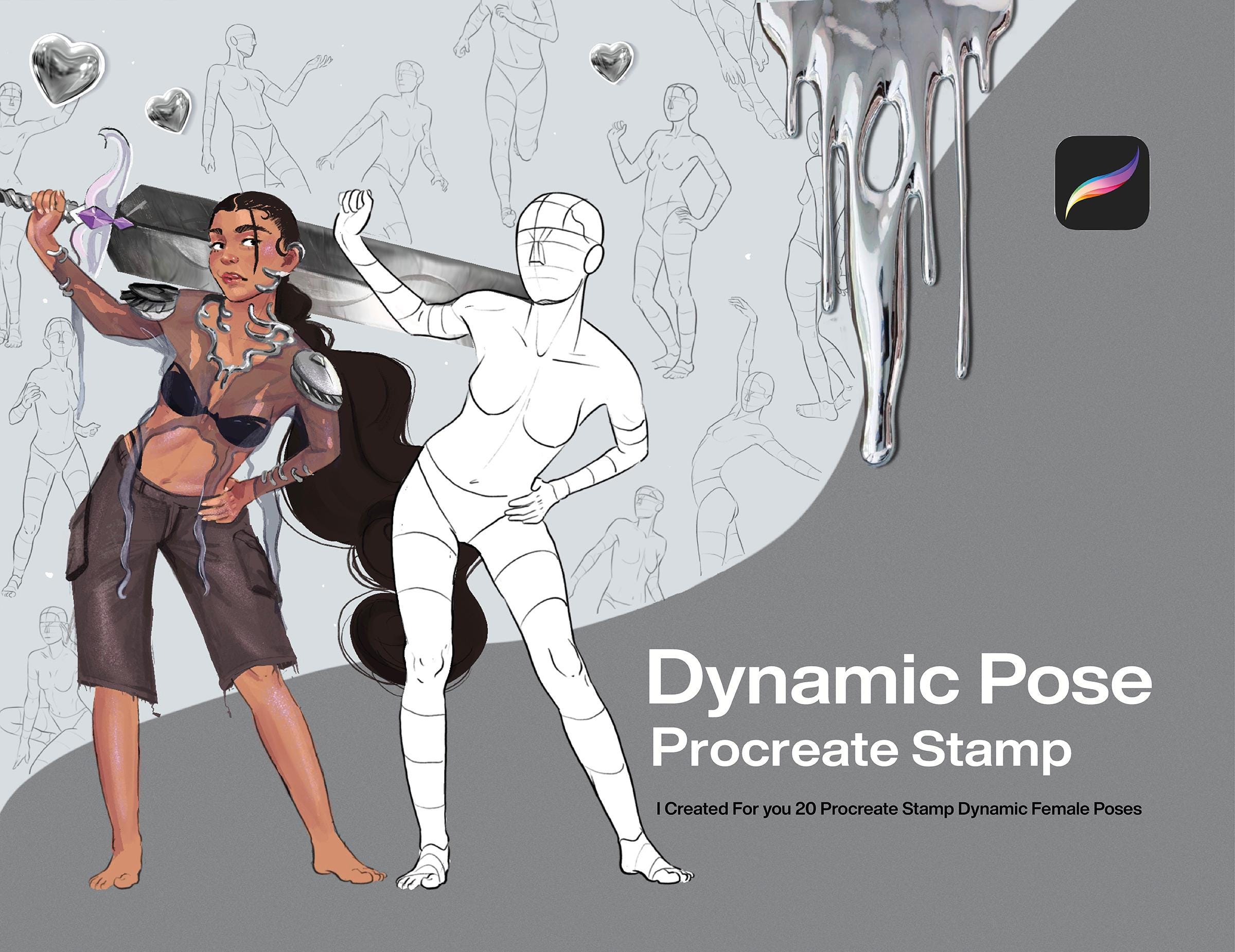 Tampons de poses féminines dynamiques pour Procreate | Brushset de 20 poses d’action réalistes