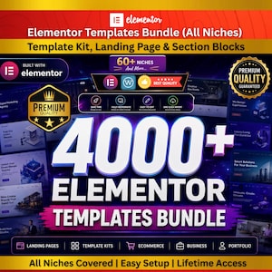 Könnte beinhalten: Eine digitale Produktwerbung für ein Elementor-Vorlagenpaket mit dem Text 4000+ Elementor Templates Bundle, Template Kit, Landing Page & Section Blocks, 60+ Niches und Premium Quality Guaranteed auf einem dunkelblauen Hintergrund.