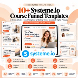 Pode incluir: Um pacote de marketing digital com mais de 10 modelos de funil de vendas Systeme.io para vender cursos online e produtos digitais. O gráfico exibe layouts de sites, o logotipo Systeme.io e texto destacando recursos como personalização fácil, layouts focados em vendas e ferramentas para criadores de cursos.