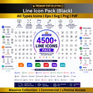 Puede incluir: Una pantalla gráfica digital que muestra una colección de iconos premium con más de 4500 iconos de línea negra. La imagen incluye etiquetas de texto para categorías como Business, Finance, Marketing, Technology y E-commerce, junto con iconos de formato.