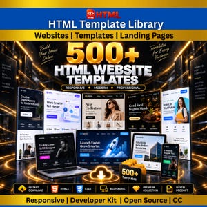 May include: A digital promotional graphic for an HTML Template Library featuring the text 500+ HTML WEBSITE TEMPLATES. The image displays various website interface mockups on screens, including a laptop, tablet, and smartphone, with gold accents.