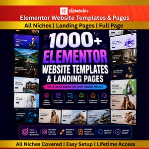 Puede incluir: Un anuncio gráfico digital para más de 1000 plantillas de sitios web y páginas de destino de Elementor. El diseño presenta un fondo oscuro con un collage de vistas previas de sitios web, texto en blanco y morado, e iconos de funciones.