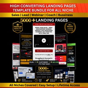 Puede incluir: Un paquete de marketing digital con más de 5000 plantillas de páginas de destino para diversos nichos. El gráfico muestra múltiples diseños de sitios web, marcadores de posición de video y el texto High Converting Landing Pages Template Bundle.