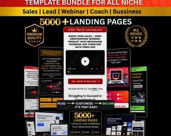 May include: A digital marketing bundle featuring 5000+ landing page templates for various niches. The graphic displays multiple website layouts, video player placeholders, and text overlays including High Converting Landing Pages Template Bundle.