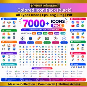 May include: A digital graphic display showcasing a collection of over 7000 colored icons. The text reads Premium Icon Collection, Colored Icon Pack (Black), and lists file types including AI, EPS, JPG, PDF, PNG, and SVG. Various categories like business, finance, marketing, technology, social media, e-commerce, education, healthcare, and travel are organized with representative icons.