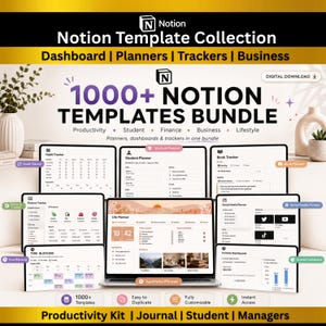 Pode incluir: Uma coleção digital de modelos Notion com mais de 1000 opções para produtividade, estudantes, finanças, negócios e estilo de vida. A exibição inclui várias interfaces de painel, como planejadores de hábitos, estudos, livros, finanças e redes sociais.