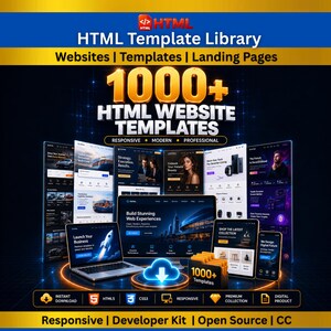 Può includere: Una pubblicità di prodotto digitale per una libreria di oltre 1000 modelli di siti web HTML. La grafica mostra un portatile, un tablet e uno smartphone con vari design web, titoli dorati e icone di specifiche tecniche.